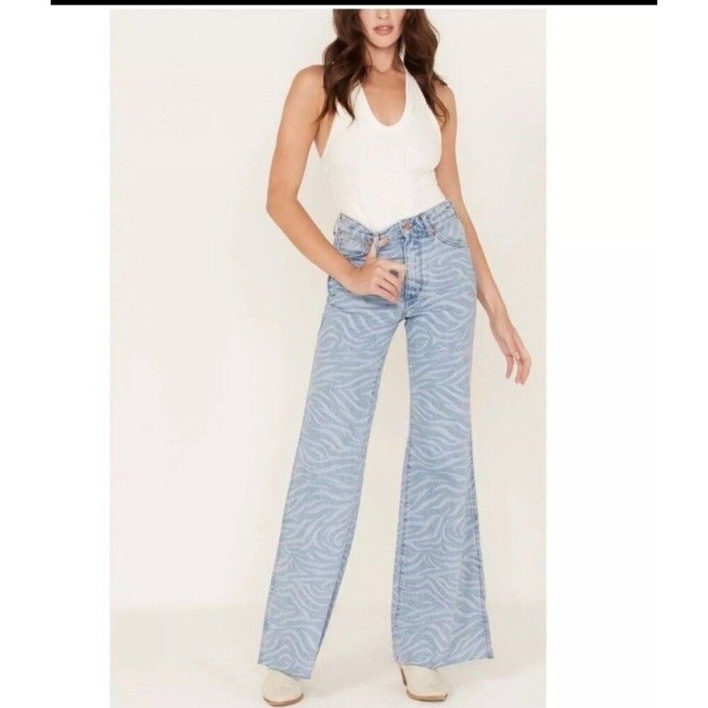 Free People Wrangler Meow Laser Tiger Print Wanderer Flare Jeans, Size 29
